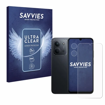 Face avant d’un emballage produit avec le logo de la marque Savvies. À côté, l’appareil Xiaomi Redmi 15C (Avant+Caméra) est re