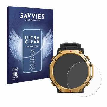Face avant d’un emballage produit avec le logo de la marque Savvies. À côté, l’appareil Huami Amazfit T-Rex 3 Pro (48 mm) est 