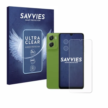 Face avant d’un emballage produit avec le logo de la marque Savvies. À côté, l’appareil Motorola Moto G06 Power (Avant+Caméra)