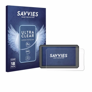 Face avant d’un emballage produit avec le logo de la marque Savvies. À côté, l’appareil BOUWOIMA Motorrad Carplay B7 7