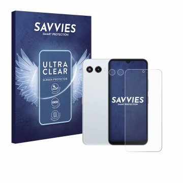 Face avant d’un emballage produit avec le logo de la marque Savvies. À côté, l’appareil Telekom T Phone 3 (Avant+Caméra) est r