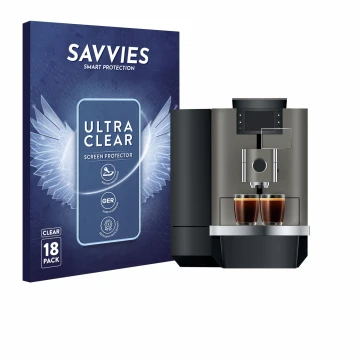 Face avant d’un emballage produit avec le logo de la marque Savvies. À côté, l’appareil Jura X10 est représenté avec la protec