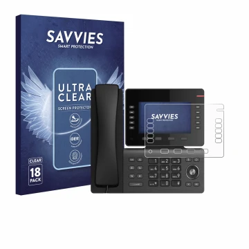 Face avant d’un emballage produit avec le logo de la marque Savvies. À côté, l’appareil Snom D865 est représenté avec la prote