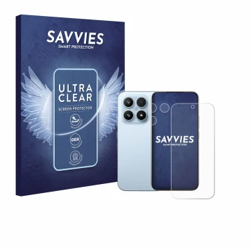 Face avant d’un emballage produit avec le logo de la marque Savvies. À côté, l’appareil Xiaomi 17 (Avant+Caméra) est représent