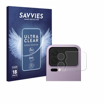 Face avant d’un emballage produit avec le logo de la marque Savvies. À côté, l’appareil Xiaomi 17 Pro Max (Caméra UNIQUEMENT) 