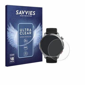 Face avant d’un emballage produit avec le logo de la marque Savvies. À côté, l’appareil Huami Amazfit Balance 2 XT est représe