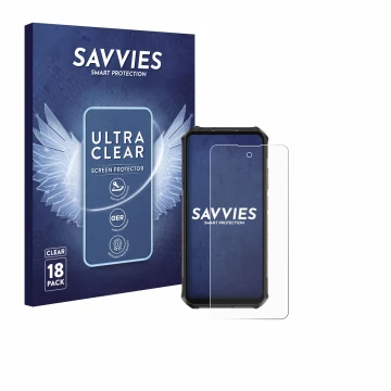 Face avant d’un emballage produit avec le logo de la marque Savvies. À côté, l’appareil Ulefone Armor X16 Pro est représenté a