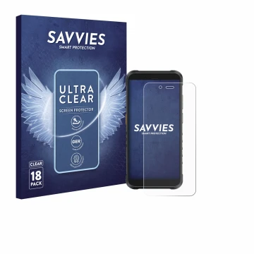 Face avant d’un emballage produit avec le logo de la marque Savvies. À côté, l’appareil Ulefone RugKing est représenté avec la