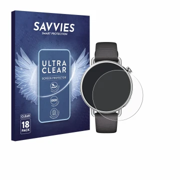 Face avant d’un emballage produit avec le logo de la marque Savvies. À côté, l’appareil Xiaomi Watch S4 (41 mm) est représenté
