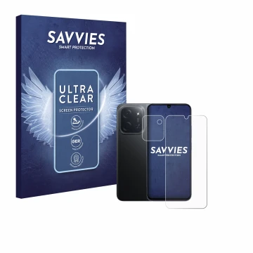 Face avant d’un emballage produit avec le logo de la marque Savvies. À côté, l’appareil Xiaomi Poco C85 (Avant+Caméra) est rep