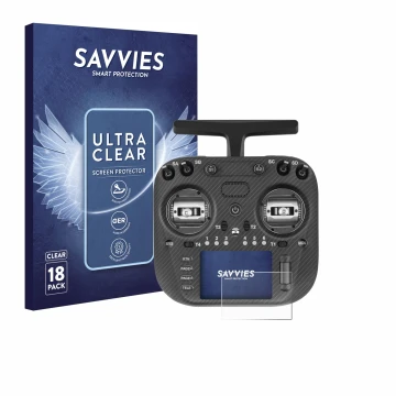Face avant d’un emballage produit avec le logo de la marque Savvies. À côté, l’appareil Radiomaster TX15 Max est représenté av