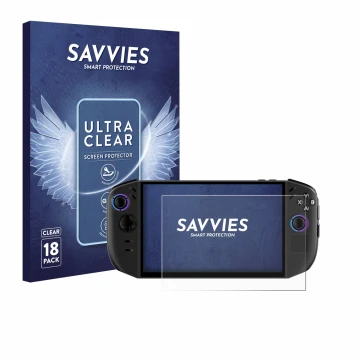 Face avant d’un emballage produit avec le logo de la marque Savvies. À côté, l’appareil Lenovo Legion Go Gen 2 est représenté 