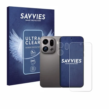 Face avant d’un emballage produit avec le logo de la marque Savvies. À côté, l’appareil Oppo Find X9 (Avant+Caméra) est représ