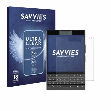Face avant d’un emballage produit avec le logo de la marque Savvies. À côté, l’appareil Unihertz Titan 2 est représenté avec l