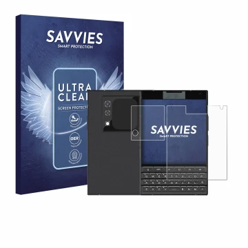 Face avant d’un emballage produit avec le logo de la marque Savvies. À côté, l’appareil Unihertz Titan 2 (Avant+Caméra) est re