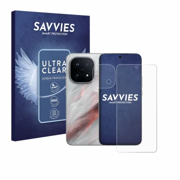 Face avant d’un emballage produit avec le logo de la marque Savvies. À côté, l’appareil Vivo iQOO 15 (Avant+Caméra) est représ