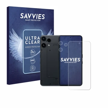 Face avant d’un emballage produit avec le logo de la marque Savvies. À côté, l’appareil Nothing Phone (3a) Lite (Avant+Caméra)