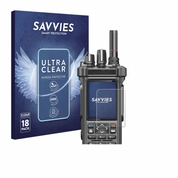 Face avant d’un emballage produit avec le logo de la marque Savvies. À côté, l’appareil Radtel RT-950 Pro est représenté avec 