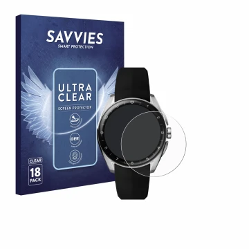 Face avant d’un emballage produit avec le logo de la marque Savvies. À côté, l’appareil TAG Heuer Connected Calibre E5 (40 mm)