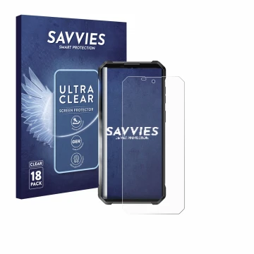 Face avant d’un emballage produit avec le logo de la marque Savvies. À côté, l’appareil Oukitel WP53 Pro est représenté avec l