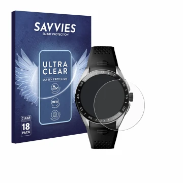 Face avant d’un emballage produit avec le logo de la marque Savvies. À côté, l’appareil TAG Heuer Connected Calibre E5 (45 mm)