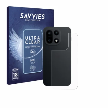 Face avant d’un emballage produit avec le logo de la marque Savvies. À côté, l’appareil OnePlus 15 (Arrière) est représenté av