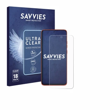 Face avant d’un emballage produit avec le logo de la marque Savvies. À côté, l’appareil Motorola Edge 60 Neo est représenté av