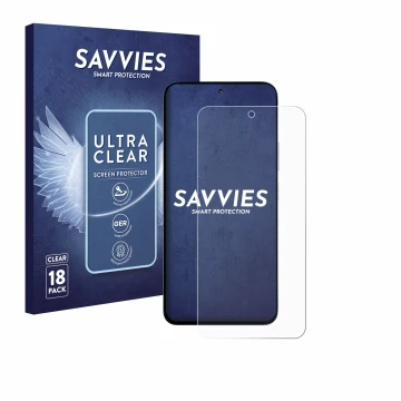 Face avant d’un emballage produit avec le logo de la marque Savvies. À côté, l’appareil Xiaomi Poco M7 Plus est représenté ave