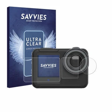 Face avant d’un emballage produit avec le logo de la marque Savvies. À côté, l’appareil SVBONY SVGO3 4K est représenté avec la