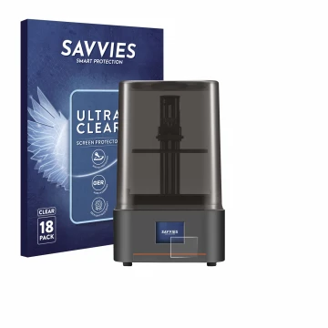 Face avant d’un emballage produit avec le logo de la marque Savvies. À côté, l’appareil Anycubic Photon Mono 4 est représenté 