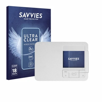 Face avant d’un emballage produit avec le logo de la marque Savvies. À côté, l’appareil Canon Selphy CP1500 Mini est représent