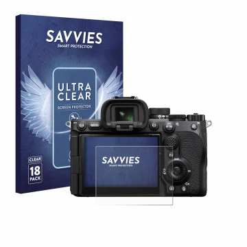 Face avant d’un emballage produit avec le logo de la marque Savvies. À côté, l’appareil Sony Alpha 7 V (ILCE-7M5) est représen