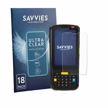 Face avant d’un emballage produit avec le logo de la marque Savvies. À côté, l’appareil Newland MT65 Beluga V est représenté a