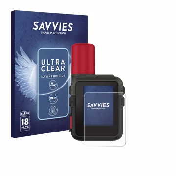 Face avant d’un emballage produit avec le logo de la marque Savvies. À côté, l’appareil Garmin inReach Mini 3 Plus est représe