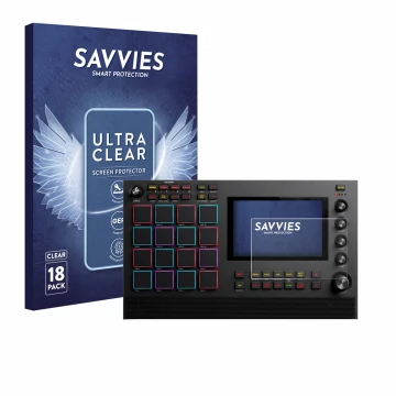 Face avant d’un emballage produit avec le logo de la marque Savvies. À côté, l’appareil Akai MPC Live III est représenté avec 