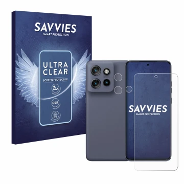 Face avant d’un emballage produit avec le logo de la marque Savvies. À côté, l’appareil Motorola Edge 60 Neo (Avant+Caméra) es