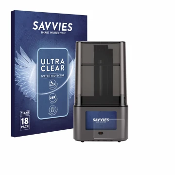 Face avant d’un emballage produit avec le logo de la marque Savvies. À côté, l’appareil Anycubic Photon Mono 4 Ultra est repré