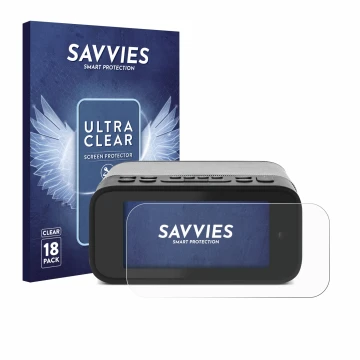Face avant d’un emballage produit avec le logo de la marque Savvies. À côté, l’appareil TechniSat Digitradio 52 BT est représe