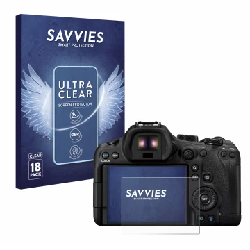 Face avant d’un emballage produit avec le logo de la marque Savvies. À côté, l’appareil Canon EOS R6 Mark III est représenté a