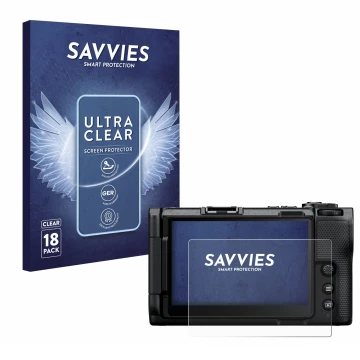 Face avant d’un emballage produit avec le logo de la marque Savvies. À côté, l’appareil Nikon ZR 2025 est représenté avec la p