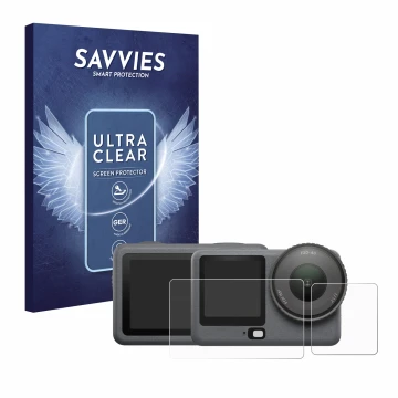 Face avant d’un emballage produit avec le logo de la marque Savvies. À côté, l’appareil DJI Osmo Action 6 est représenté avec 