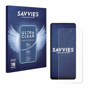 Face avant d’un emballage produit avec le logo de la marque Savvies. À côté, l’appareil Oppo A5x est représenté avec la protec