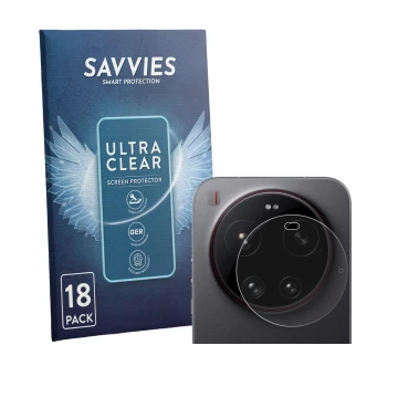 Face avant d’un emballage produit avec le logo de la marque Savvies. À côté, l’appareil Xiaomi 17 Ultra (Caméra UNIQUEMENT) es