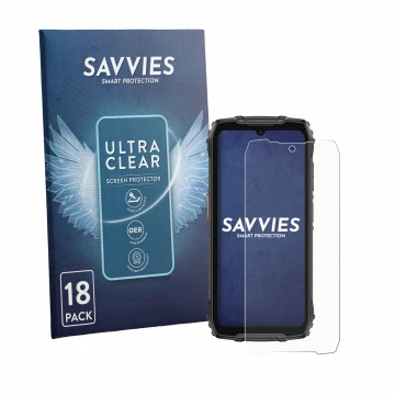 Face avant d’un emballage produit avec le logo de la marque Savvies. À côté, l’appareil Ulefone RugKing 4 Pro est représenté a