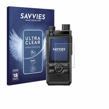 Face avant d’un emballage produit avec le logo de la marque Savvies. À côté, l’appareil Hytera P50 Pro est représenté avec la 