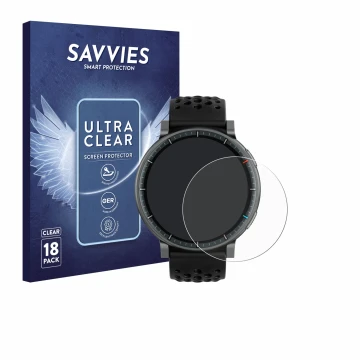 Face avant d’un emballage produit avec le logo de la marque Savvies. À côté, l’appareil Amazfit Active Max est représenté avec