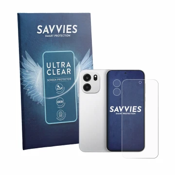 Face avant d’un emballage produit avec le logo de la marque Savvies. À côté, l’appareil OnePlus Turbo 6V (Avant+Caméra) est re