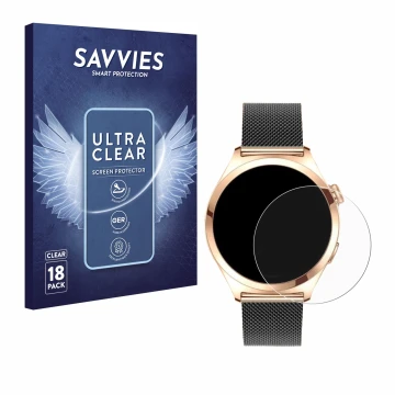 Face avant d’un emballage produit avec le logo de la marque Savvies. À côté, l’appareil Niolina Smartwatch 1.27