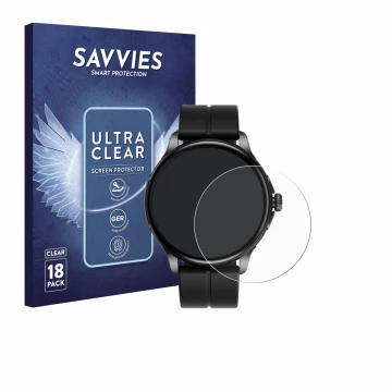 Face avant d’un emballage produit avec le logo de la marque Savvies. À côté, l’appareil HMD Watch X1 est représenté avec la pr