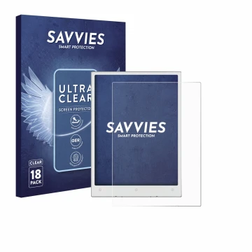 Face avant d’un emballage produit avec le logo de la marque Savvies. À côté, l’appareil Viwoods AiPaper Mini est représenté av